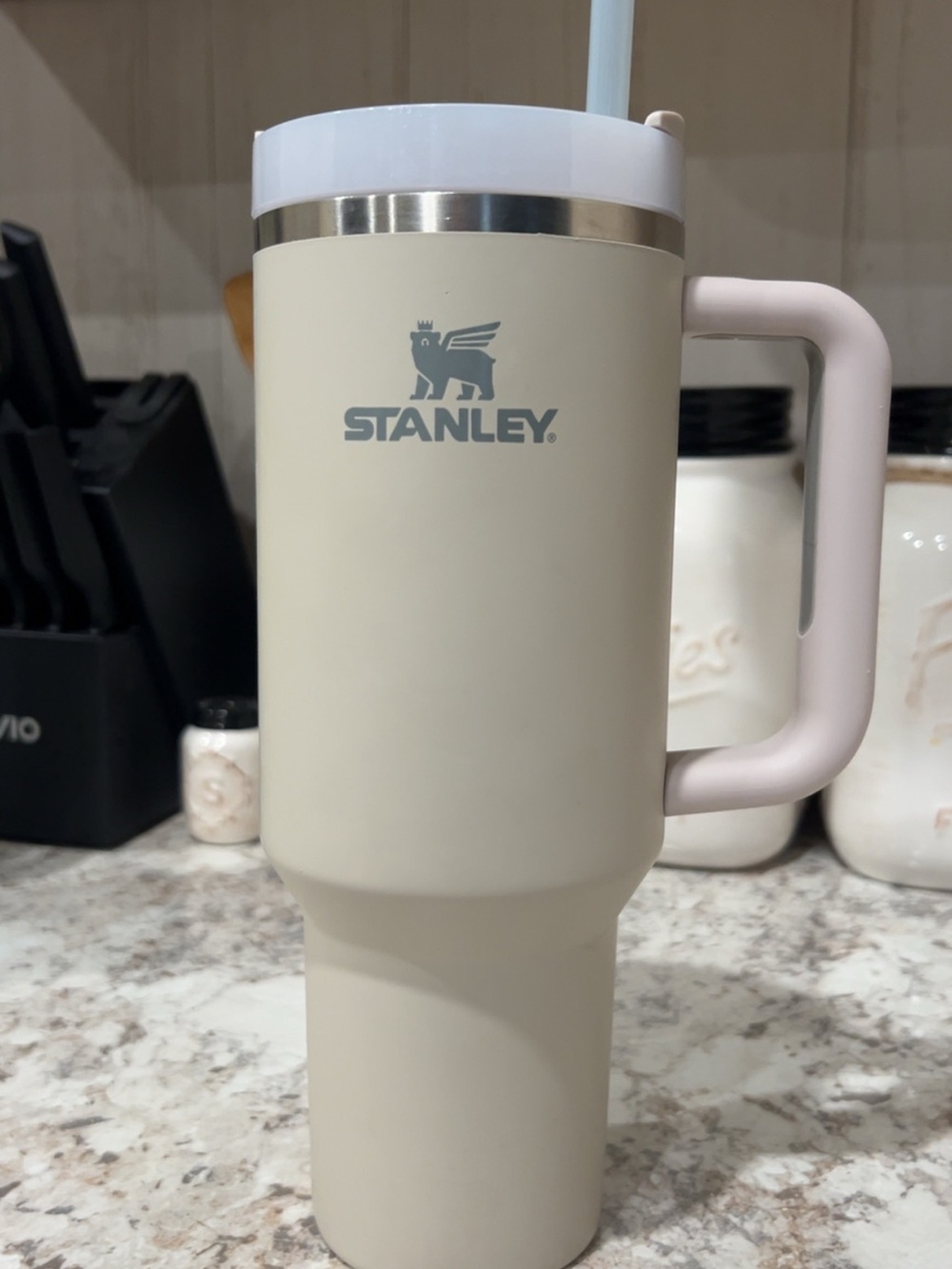Stanley Cream Travel Mug with Pale Pink Handle